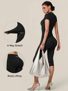 TimeOff Conjunto deportivo de mujer de un solo color sin costuras con cuello redondo, manga corta, cintura acanalada y pantalones de largo medio - Negro - Ver 3