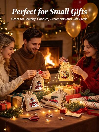 1/5/10pcs Christmas Burlap Gift Bags, Christmas Gift Bags, Reusable Drawstring Bags, 5 Christmas Theme Designs Randomly Shipped, Suitable For Christmas Party Favors, Birthday Gifts, Christmas Tree Decorations