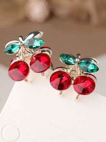 Metal Strip Rhinestone Mini Cherry Hair Clip, Women Girls Cute Rhinestone Claw Clip, Small Cherry Claw Clip For Half-Up Ponytail, Decorative Rhinestone Hair Accessory - Multicolor - View 5