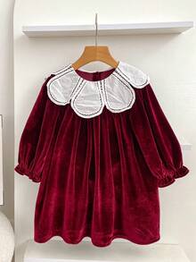 Girls' Petal Collar Burgundy Long Sleeve Dress, Spring/Autumn Style, Children's Christmas Princess Holiday Dress - Burgundy - View 4