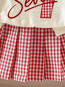 Tween Girl Cartoon Print 2 In 1 Long Sleeve Top And Plaid Skirt - Apricot - View 5