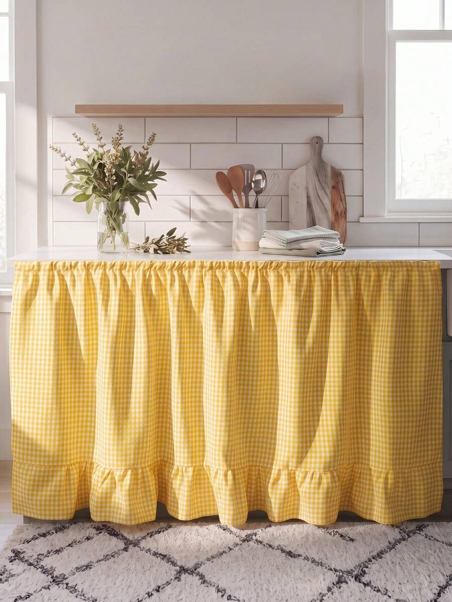 1 pieza Falda de mesa a cuadros amarillo & blanco, estilo brillante & fresco, rectangular con borde de volantes y detalles plisados, función de ocultación de almacenamiento & decorativa, adecuada para estantería de almacenamiento interior y decoración del hogar - Amarillo - Ver 1