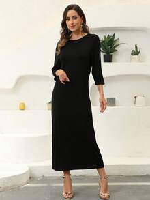 JINLICX Black Round Neck 3/4 Sleeve Loose Fit Floor Length Maxi Dress For Daily & Party - Black - View 4