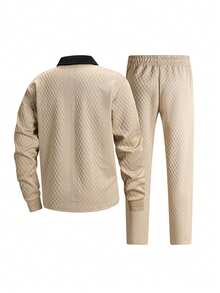 Men's Spring/Autumn Daily Commute Fashion Casual New Jacquard Polo Shirt And Long Pants Set - Khaki - View 3