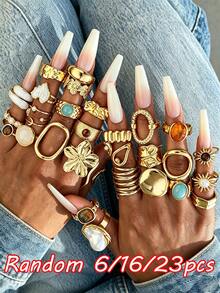 Random 6/16/23pcs Fashion Old Money Style Rings Set, Vintage Old Money Style Irregular Geometric Pattern Faux Tiger Eye Stone Colorful Rhinestone Oil Drop Heart Flower Rings, Stackable Knuckle Rings, New Autumn/Winter Accessories Jewelry, Women's Daily Wear, Date, Party, Versatile Accessories Jewelry, Perfect Gift For Birthday, Female Friends, Halloween, Christmas - Yellow Gold - View 1