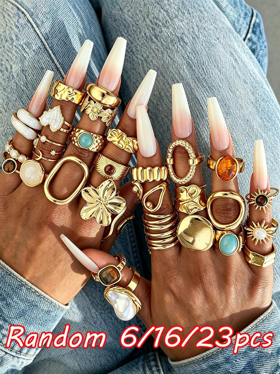 Random 6/16/23pcs Fashion Old Money Style Rings Set, Vintage Old Money Style Irregular Geometric Pattern Faux Tiger Eye Stone Colorful Rhinestone Oil Drop Heart Flower Rings, Stackable Knuckle Rings, New Autumn/Winter Accessories Jewelry, Women's Daily Wear, Date, Party, Versatile Accessories Jewelry, Perfect Gift For Birthday, Female Friends, Halloween, Christmas - Yellow Gold - View 1