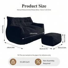Double Bean Bag With Ottoman – Large Bean Bag Lounge Chair For Adults, Teens, And Kids For Living Room, Bedroom, Dorm, Or Balcony - Black - View 2