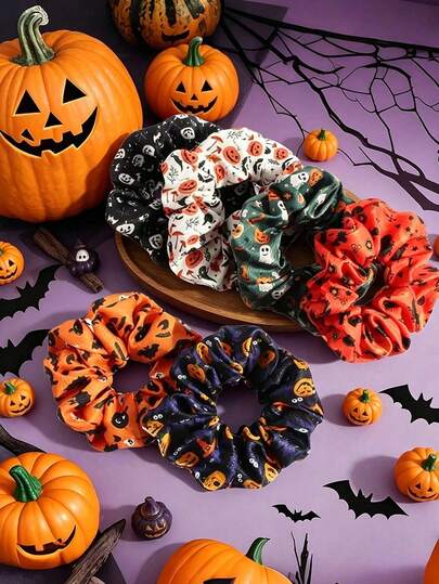 6/3/1pc Halloween Pumpkin & Ghost Print Scrunchie, Vintage Casual Fabric Hair Tie, Elastic Hair Scrunchy For Party Daily Hair Accessory