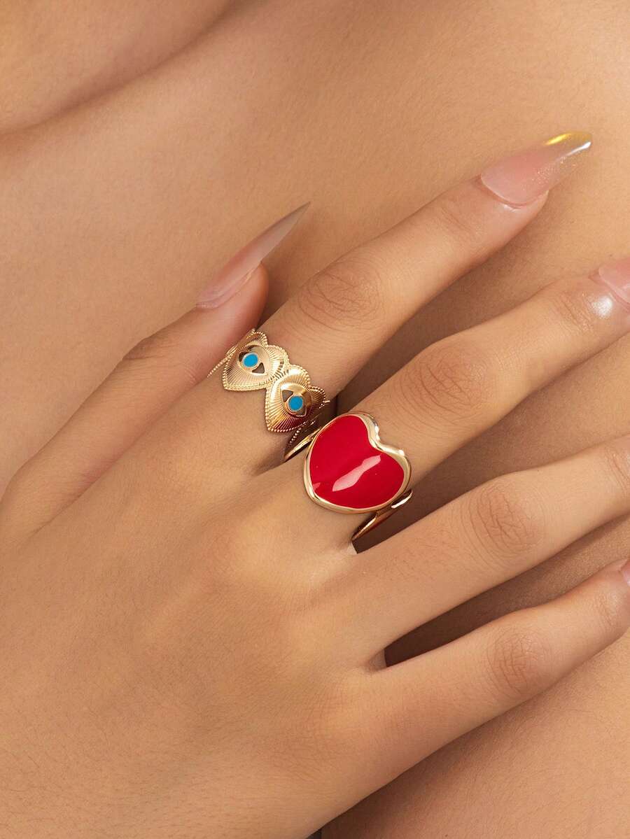 1 Set Fashionable Personalized Vintage Women's Heart-Shaped Ring Set - Multicolor - View 1
