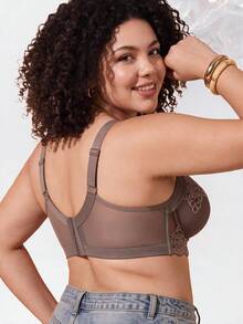 Plus Size Floral Lace Underwire Bra, Wide Strap Comfortable Style, Full Coverage Design, Exquisite Lace Details, Supportive Underwire For Breast Lift - Mocha Brown - View 6