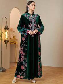 Autumn/Winter Women's Velvet Stand Collar Floral Print Embroidered Long Sleeve Long Kaftan Dress For Muslim Party - Green - View 6