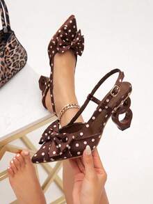 Polka Dot Bow Decor Pointed Toe Slingback Hollow Geometric Heel Pumps - Brown - View 5