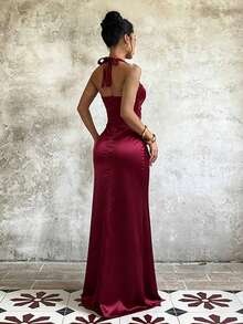 Women's Autumn Burgundy Satin Halter Neck Slit Elegant Dress, Back To School, Party, Date - Burgundy - View 4