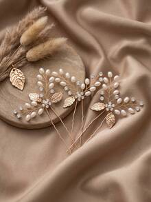 3pcs Elegant Gold Rhinestone & Pearl Hair Clips, Handmade Leaf-Shaped Bridal U-Shaped Hair Forks, Romantic Women's Wedding Hair Accessories - Multicolor - View 4