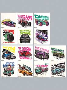 14 piezas Pegatinas de tatuajes temporales de coches de carreras de dibujos animados, resistentes al agua y de larga duración, tatuajes para fiestas festivas - Multicolor - Ver 3