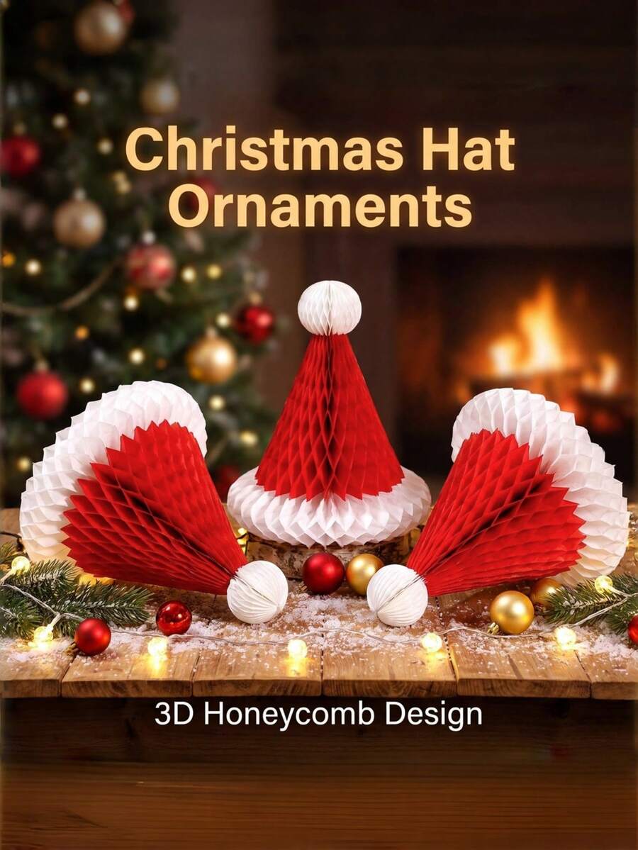 1件/5件/12件 新款聖誕紅白色蜂巢紙聖誕帽 3D 立體裝飾品，吊掛與桌面雙用途裝飾，節日派對桌面窗戶陳列場景裝飾聖誕道具