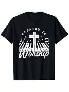Unisex Pure Cotton T-Shirt Top PickLocalMen's & Women's Christian Worship T-Shirt - Created To Worship Religious Graphic Tee With Music Notes & Cross - Black - View 1