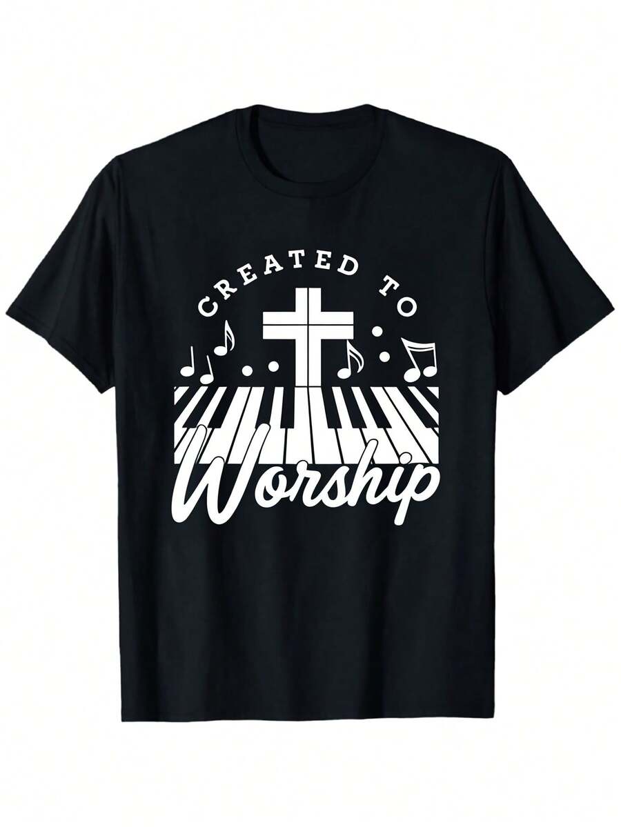 Unisex Pure Cotton T-Shirt Top PickLocalMen's & Women's Christian Worship T-Shirt - Created To Worship Religious Graphic Tee With Music Notes & Cross - Black - View 1