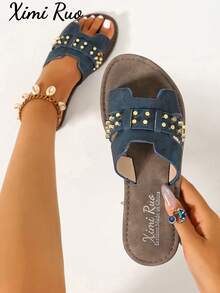 Ximi Ruo Korean Style Casual Flat Slide Sandals For Women, Open Toe Woven Roman Sandals, New Spring Summer Fashion French Style Brown Flat Shoes For Beach, Apartment, Outdoor Wear, Matching With Skirts - Blue - View 7