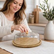 28x8.5cm Wood Bamboo Round Serving Tray With Glass Dome Lid, Cheese Cake Display Stand, Random Color - View 1