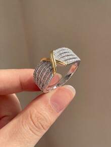 Besthing 1pc Dual-Color Intertwined 0.51CT Moissanite Multi-Layer Pave Ring, Luxury High-End Style For Evening, Commute And Daily Wear, Valentine's Day Anniversary Gift Ring - Silver - View 3