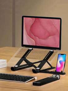 1pc Black Foldable Portable Laptop, Tablet, Smartphone Stand With Expanding Phone Holder & Adjustable Cooling Bracket - Black - View 16