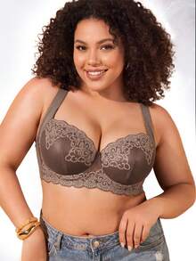Plus Size Floral Lace Underwire Bra, Wide Strap Comfortable Style, Full Coverage Design, Exquisite Lace Details, Supportive Underwire For Breast Lift - Mocha Brown - View 7
