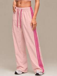 Vintage Four Stripe High Waist Drawstring Loose Leg Sweatpants - Pink - View 5