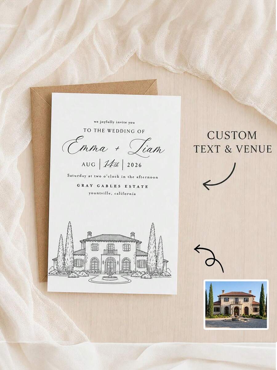 1pc Customized Venue Line Art Wedding Invitations, Personalized Wedding House Sketch Greeting Cards, Customized Text Wedding Venue Illustration Greeting Cards. - Multicolor - View 1