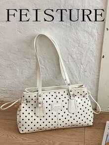 FEISTURE 1pc Polka Dot Print Women's Shoulder Bag, Suitable For Girls, Ladies, College Students, New Professionals And White-Collar Workers, Perfect For Work, Business, Commute, School - White - View 1