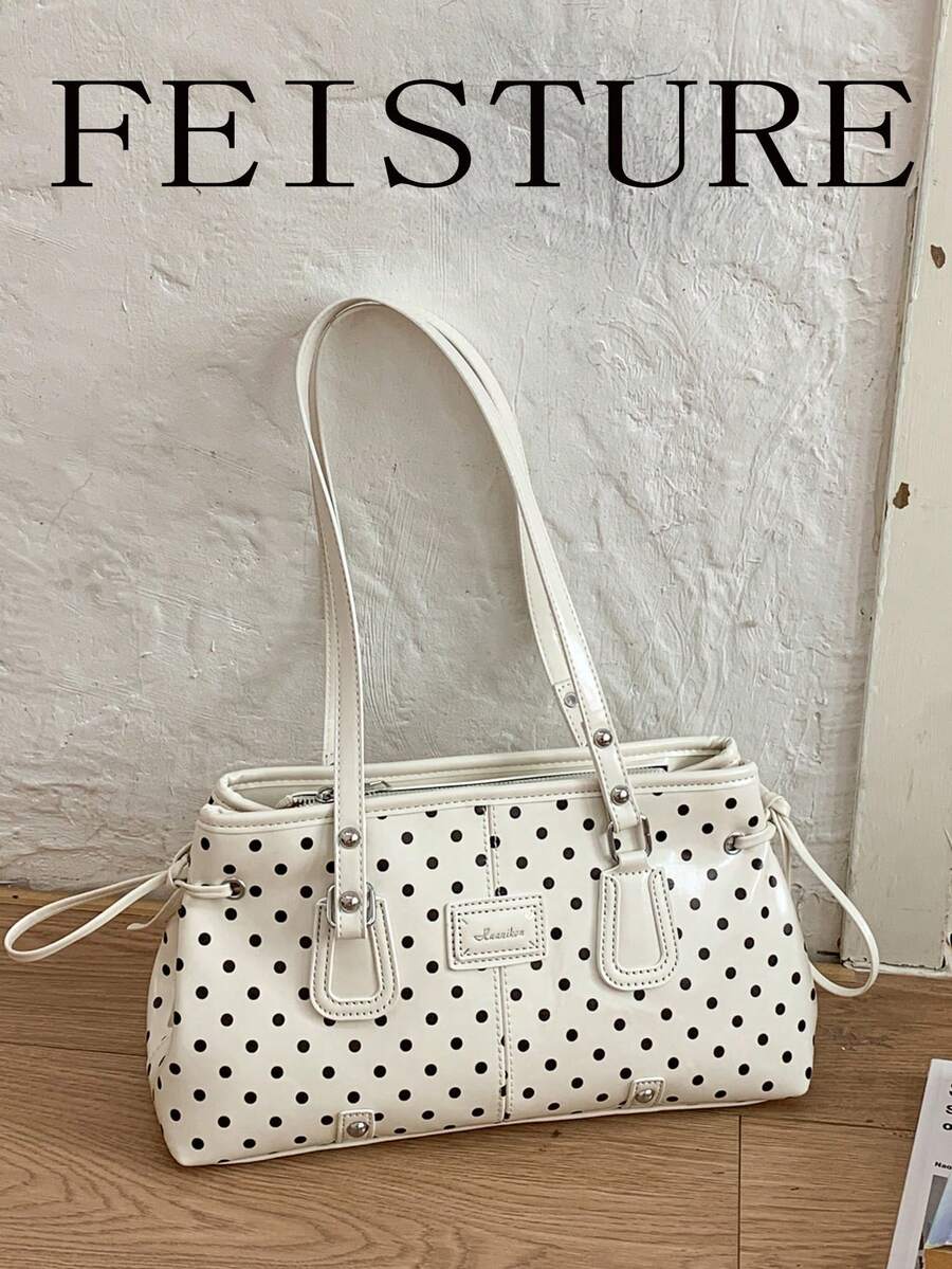 FEISTURE 1pc Polka Dot Print Women's Shoulder Bag, Suitable For Girls, Ladies, College Students, New Professionals And White-Collar Workers, Perfect For Work, Business, Commute, School - White - View 1