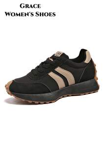 Women's Lightweight Running Shoes, Lace-Up Closure, Multi-Functional Flat Sole, Breathable Stitching Design, Multiple Colors Available, All-Season Outdoor Shoes - Black - View 7