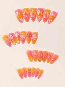 24pcs Almond Shaped 3D Embossed Fake Nails With Pearl & Steel Bead Gradient Tie Dye Design, Luxury Romantic Nail Art Stickers, Suitable For Parties, Weddings, Special Events, Nail Accessories, Party Decorations, Durable Press-On Nail Tips, Exclusive For Nail Art Enthusiasts, Set Includes: 1pc Jelly Glue And 1pc Nail File. Summer Nail Tips Make Your Fingertips Shine And Attract, Perfect For Women's Daily Work And Party Occasions - Multicolor - View 3