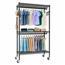 Rolling Garment Rack, Heavy-Duty Clothes Rack With Wheels, 3-Tier Adjustable Wire Shelf With 2 Hanging Rods And Side Hooks, Portable Closet Organizer, Black - Black - View 1