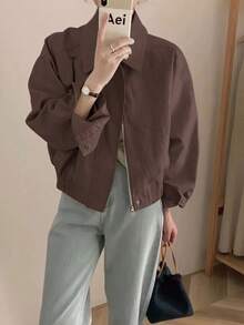 女款短版翻領襯衫夾克，長袖拉鍊開襟 - 棕色 - 查看 6
