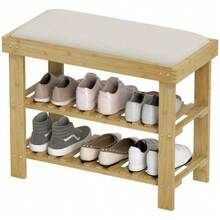 Shoe Bench With Seat, Bamboo Storage Bench, Shoe Rack With 2 Open Compartments, Bench, Hallway Bench For Living Room, 60 X 29 X 49 Cm Cream White - 自然色 - 查看 1