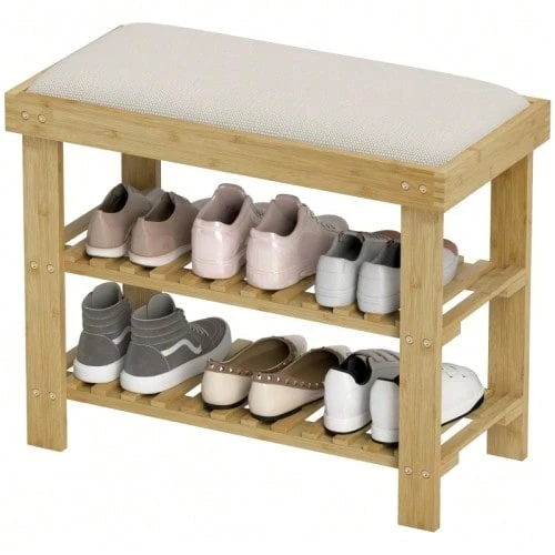 Shoe Bench With Seat, Bamboo Storage Bench, Shoe Rack With 2 Open Compartments, Bench, Hallway Bench For Living Room, 60 X 29 X 49 Cm Cream White - 自然色 - 查看 1