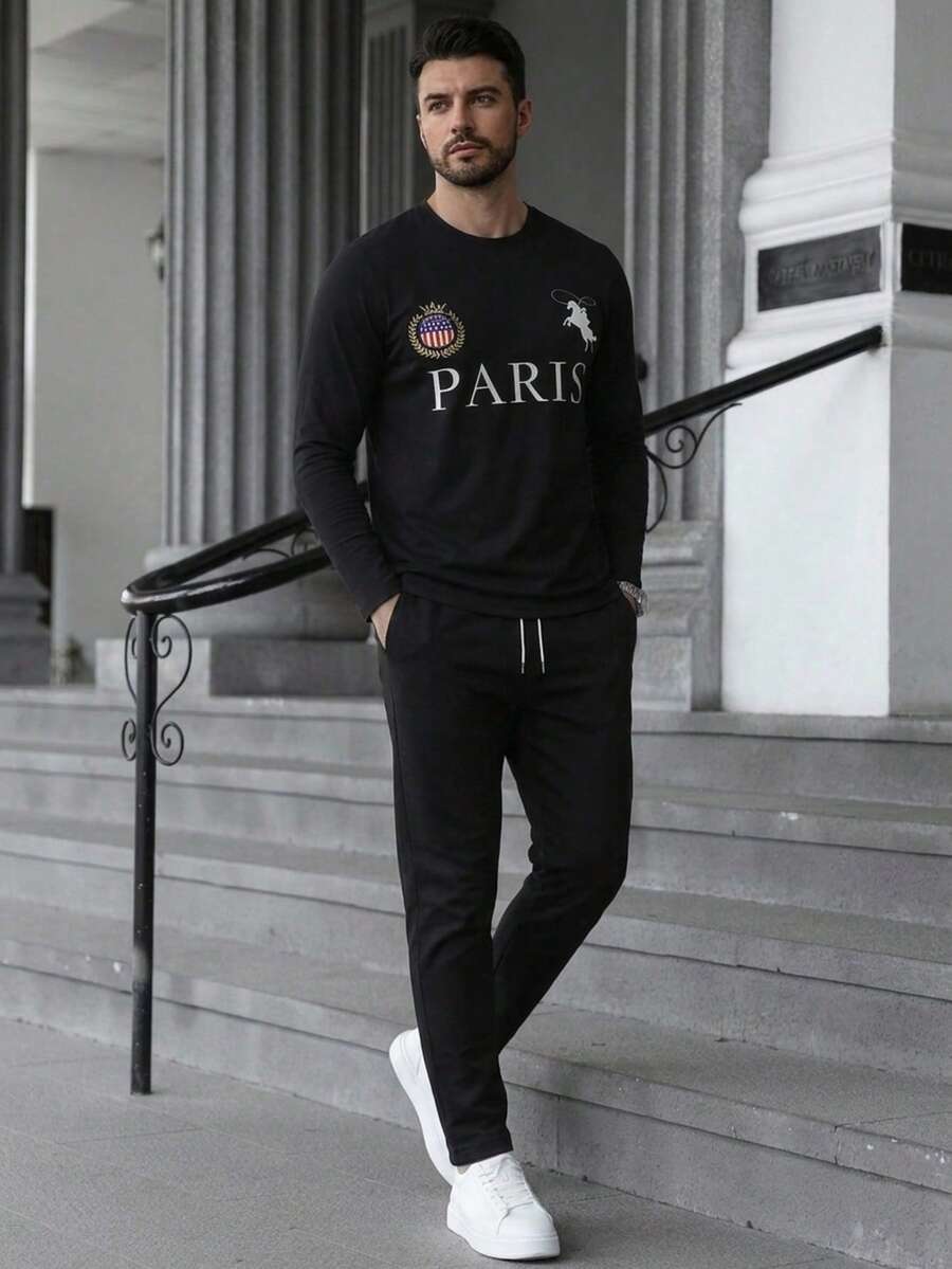 Men's Casual Minimalist Fashion Versatile Drawstring Crew Neck Long Sleeve T-Shirt And Pants Set - Multicolor - View 1