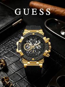 Jam Tangan Kronograf GUESS dengan Casing Besar, Desain Berongga, Tiga Sub-Dial, dan Tali Berlubang yang Bernapas, Jam Tangan Kasual Pria Gaya Street Hip-Hop GW0486G2 - Hitam - View 3