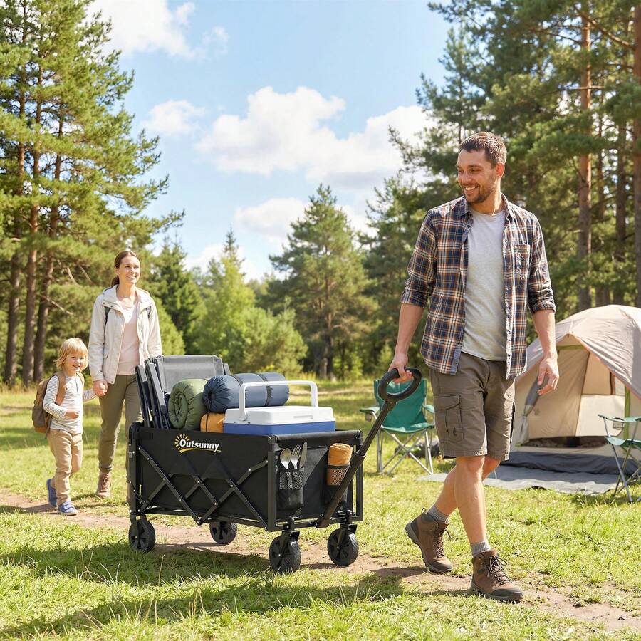 Outsunny 16 Gallon Folding Wagon Cart With Wheels, Heavy-Duty Collapsible Wagon With Drop-Down Tailgate, Adjustable Handle And Cup Holders, For Camping, Garden, Beach, Black - 黑色 - 查看 1