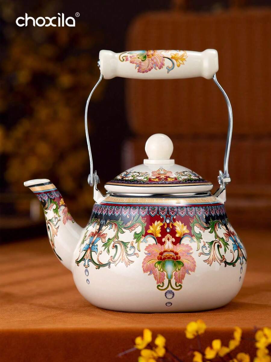 choxila 1pc Large Capacity Enamel Kettle, Suitable For Gas Stove And Induction Cooktop - Pomegranate Flower Enamel Pot - View 1