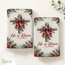 2pcs/Set Christmas Wreath Print Kitchen Towels, He Is Risen English Text, Holly Red Berry Plaid Bow Pattern Hand Towels, Oven Door Decorative Hanging Towels, Holiday Home Kitchen Decor, 4/6/8pcs Boxed - Multicolor - View 10