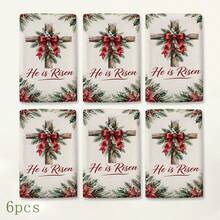2pcs/Set Christmas Wreath Print Kitchen Towels, He Is Risen English Text, Holly Red Berry Plaid Bow Pattern Hand Towels, Oven Door Decorative Hanging Towels, Holiday Home Kitchen Decor, 4/6/8pcs Boxed - Multicolor - View 8