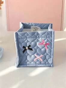 Heart Quilted Fabric Storage Basket With Pearl Bow, Desktop Cosmetic Organizer, Cute Bow Storage Box, Makeup Brush Holder, Stationery Organizer, Sweet Room Decor Box, Suitable For Dormitory Bedroom Cosmetic And Miscellaneous Storage, Back To School Dorm Essentials, Birthday Gift - Multicolor - View 16