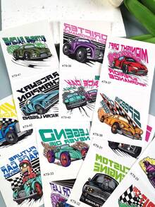 14 piezas Pegatinas de tatuajes temporales de coches de carreras de dibujos animados, resistentes al agua y de larga duración, tatuajes para fiestas festivas - Multicolor - Ver 7