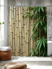 1pc Bamboo Fence Greenery Shower Curtain - Suitable For Bathroom Decoration, Easy To Clean, Exquisite Home Decor, Bathroom Partition Curtain, Decorative Shower Curtain, Bathroom Accessories Home Decor Gift - Includes 12 Hooks - Multicolor - View 8