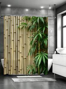 1pc Bamboo Fence Greenery Shower Curtain - Suitable For Bathroom Decoration, Easy To Clean, Exquisite Home Decor, Bathroom Partition Curtain, Decorative Shower Curtain, Bathroom Accessories Home Decor Gift - Includes 12 Hooks - Multicolor - View 2