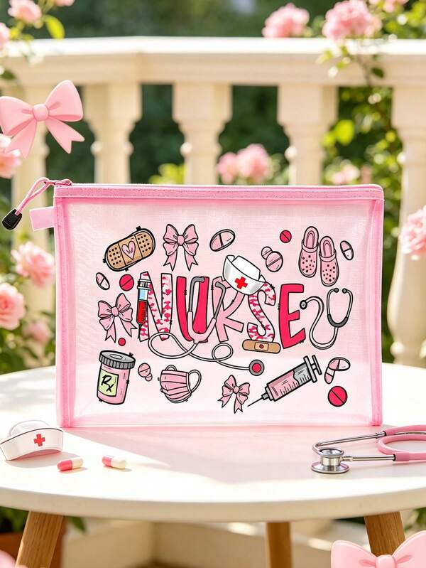 Nurse-Themed Nylon Mesh Storage Bag (Printed With Nurse Pattern), Can Be Used As A Medical Bag, Portable Multi-Function Cosmetic Bag Or Travel Toiletry Organizer; Suitable As A Gift For Doctors, Nurses And Students Returning To School; Also Suitable For Storing Cosmetics, Skincare Products Or Toiletries; An Ideal Gift For Medical Professionals, And An Essential Storage Bag For Travel, Dormitory And Home Life; Suitable As A Gift For Mothers Or Friends.