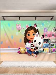 MASSDI Gabby Dollhouse 生日快樂 Gabby Cat 主題攝影背景布，多色卡通角色圖案派對背景布，防皺輕量橫幅，適合生日拍照、室內慶祝場景裝飾 - 多款 - 查看 12