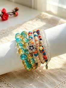 7pcs/Set Bohemian Style Layered Color Block Beaded Jewelry With Flower Pendant, Versatile Multi-Layer Bracelet For Women - Green - View 10